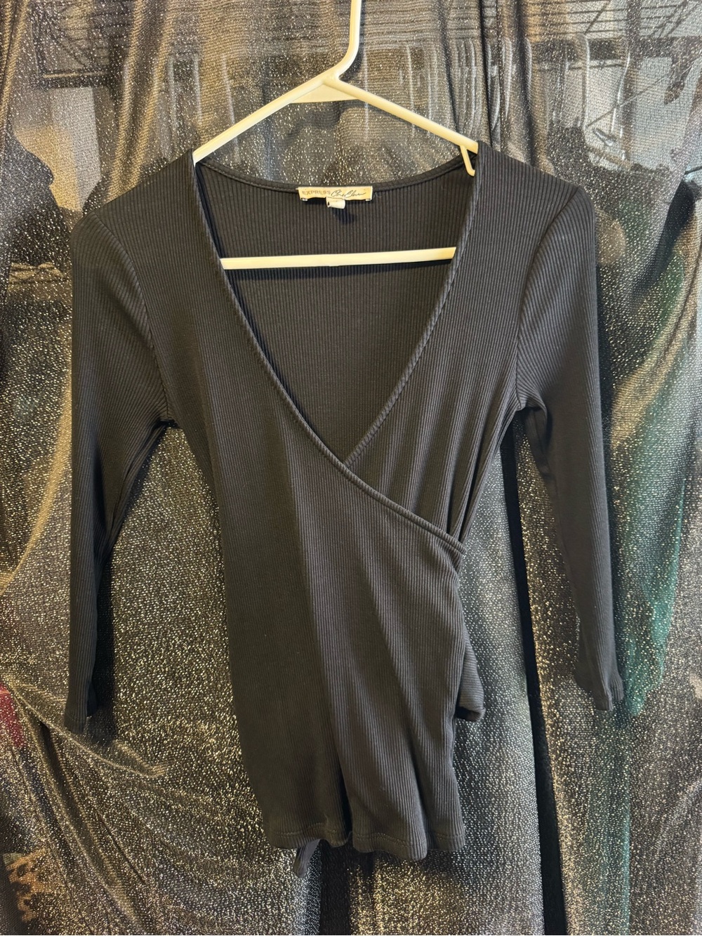 Express Black Ribbed Wrap Top